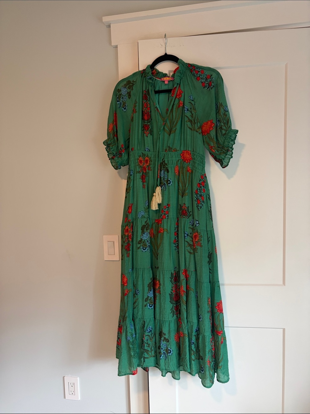 THML Green Maxi Dress with Red & Blue Floral Print